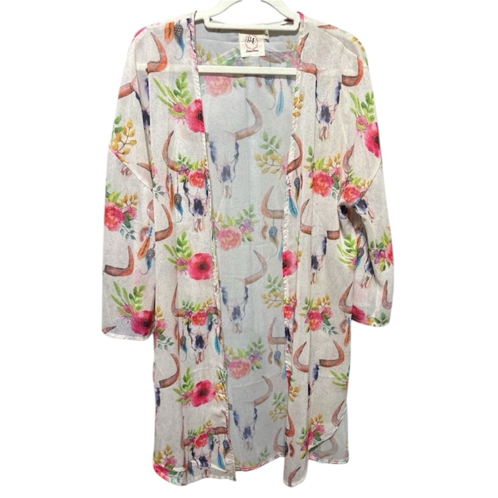 Grace & Emma Ladies Floral Bull Skull Kimono Cardigan Size Small/Medium Western